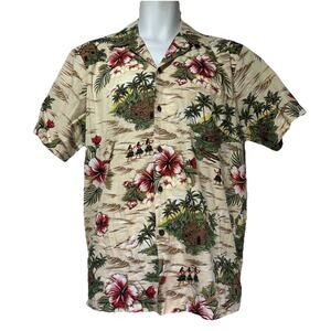 rjc hawaiian hula dancer plumeria hibiscus button down shirt Size L